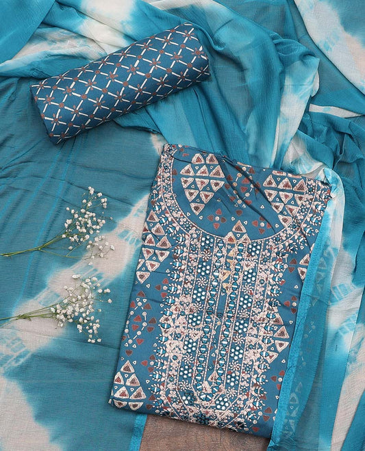 Blue material chudidar set, geometric with neck embroidered top, jaal printed bottom, and shibori dyed dupatta