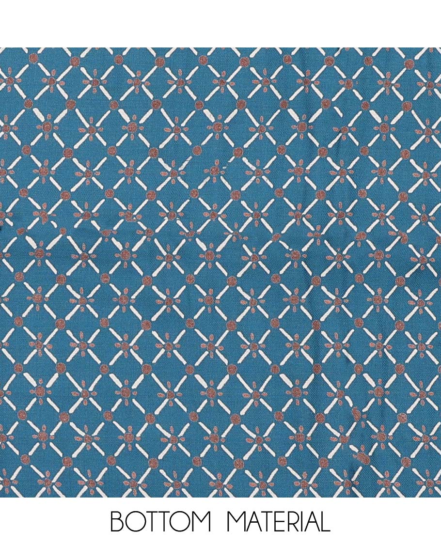 Blue material chudidar set, geometric with neck embroidered top, jaal printed bottom, and shibori dyed dupatta