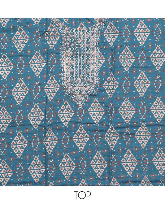Blue material chudidar set, geometric with neck embroidered top, jaal printed bottom, and shibori dyed dupatta