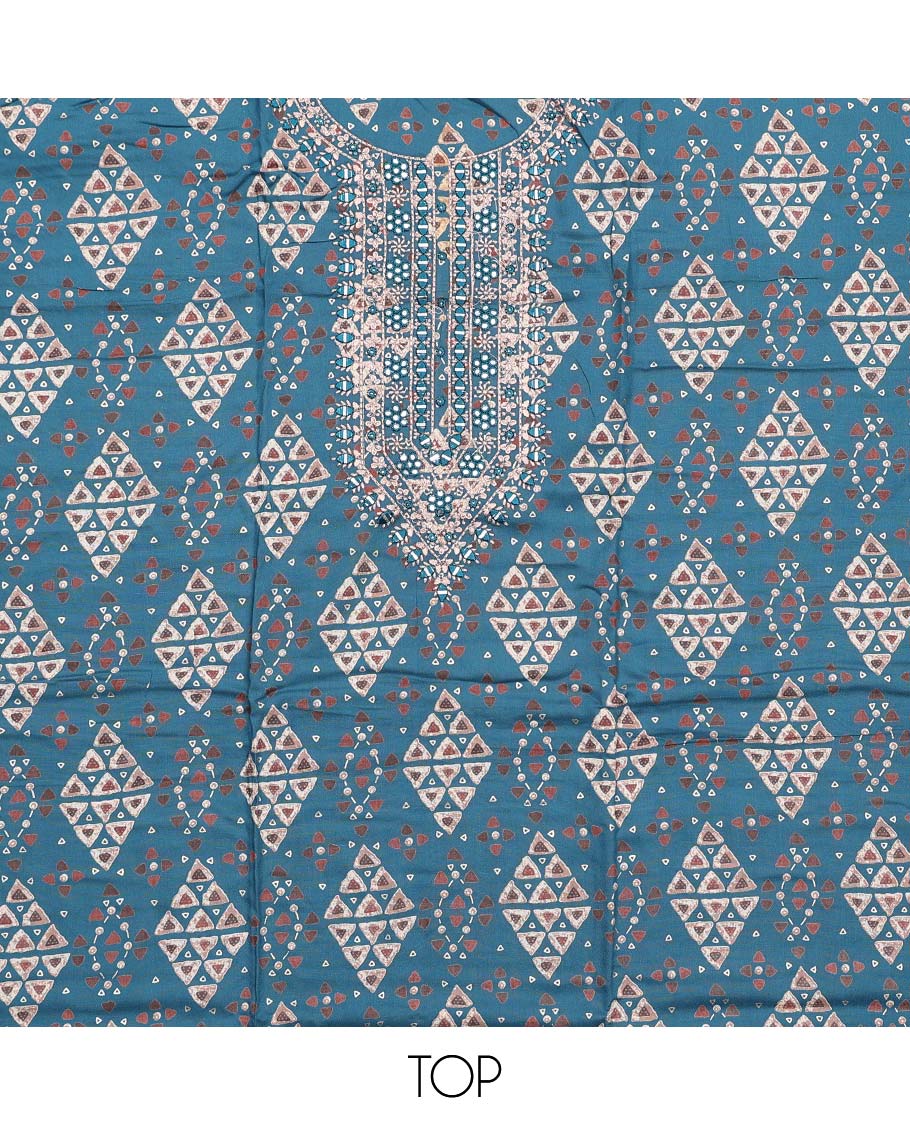 Blue material chudidar set, geometric with neck embroidered top, jaal printed bottom, and shibori dyed dupatta