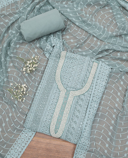 Blue Material Chudidar Set, Embellished with Chikankari-Style Embroidery and Neck Work on Georgette Top, a Plain Santoon Bottom, and Paired with a Floral Vine Embroidery Georgette Dupatta