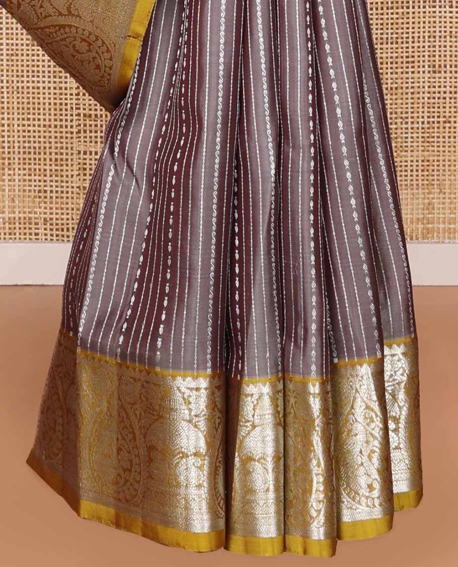 Grey striped design venkatagiri silk saree with contrast zari design pallu & ogee design pallu