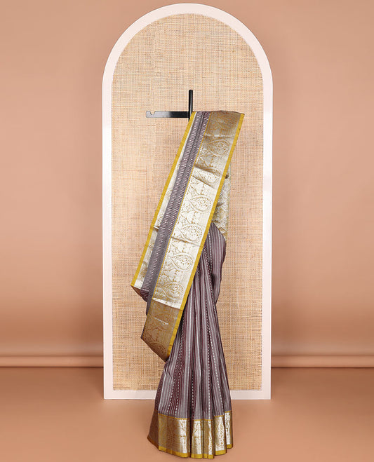 Grey striped design venkatagiri cotton saree with contrast zari design pallu & ogee design pallu