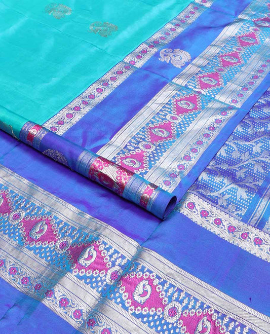 Blue floral motifs venkatagiri silk saree with contrast intricate zari design border & floral design pallu