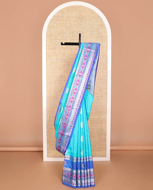 Blue floral motifs venkatagiri silk saree with contrast intricate zari design border & floral design pallu