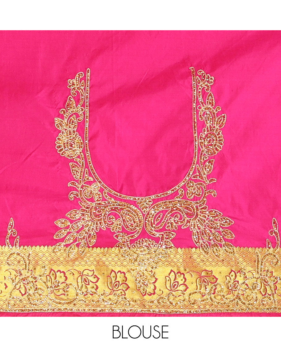 Green jacquard stone embroidered silk saree, scallop embroidered border, contrast intricate zari & embroidered pallu