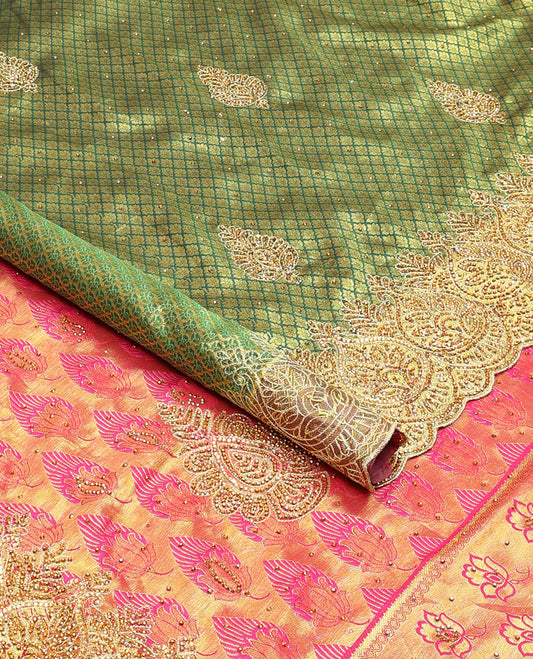 Green jacquard stone embroidered silk saree, scallop embroidered border, contrast intricate zari & embroidered pallu