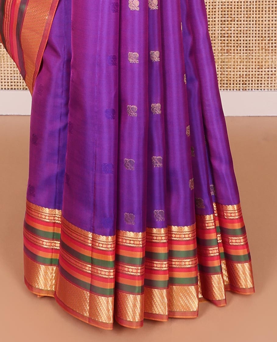 Purple mayil buttas vasundhara elite silk saree with contrast intricate zari design border & floral jaal pallu