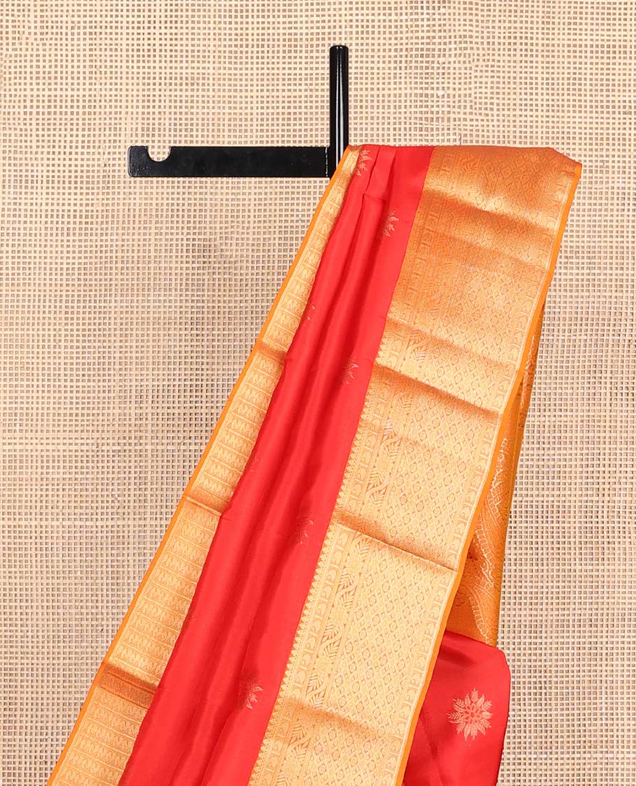 Red flower buttas Vasundhara silk mix saree, contrast border of thilakam mokku,manga,kodi visiry & jaal & manga motif pallu