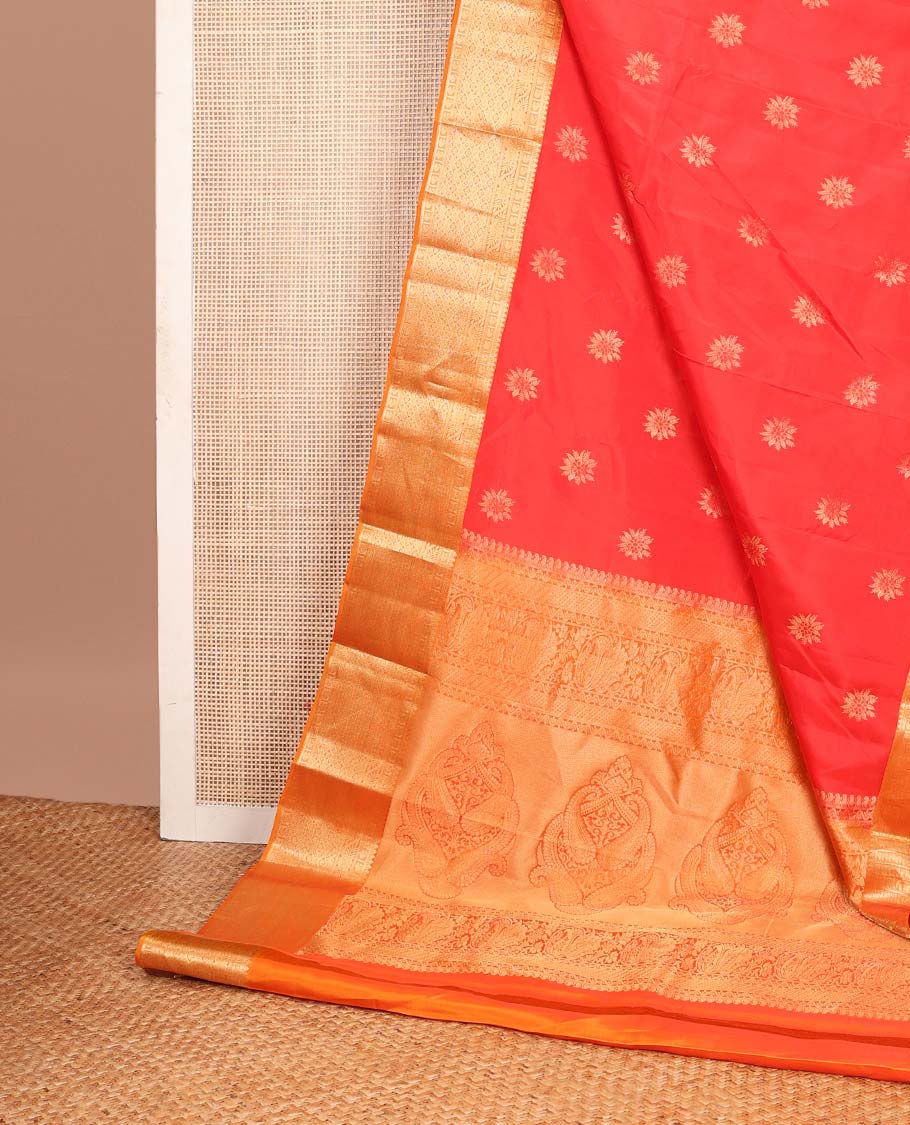Red flower buttas Vasundhara silk mix saree, contrast border of thilakam mokku,manga,kodi visiry & jaal & manga motif pallu