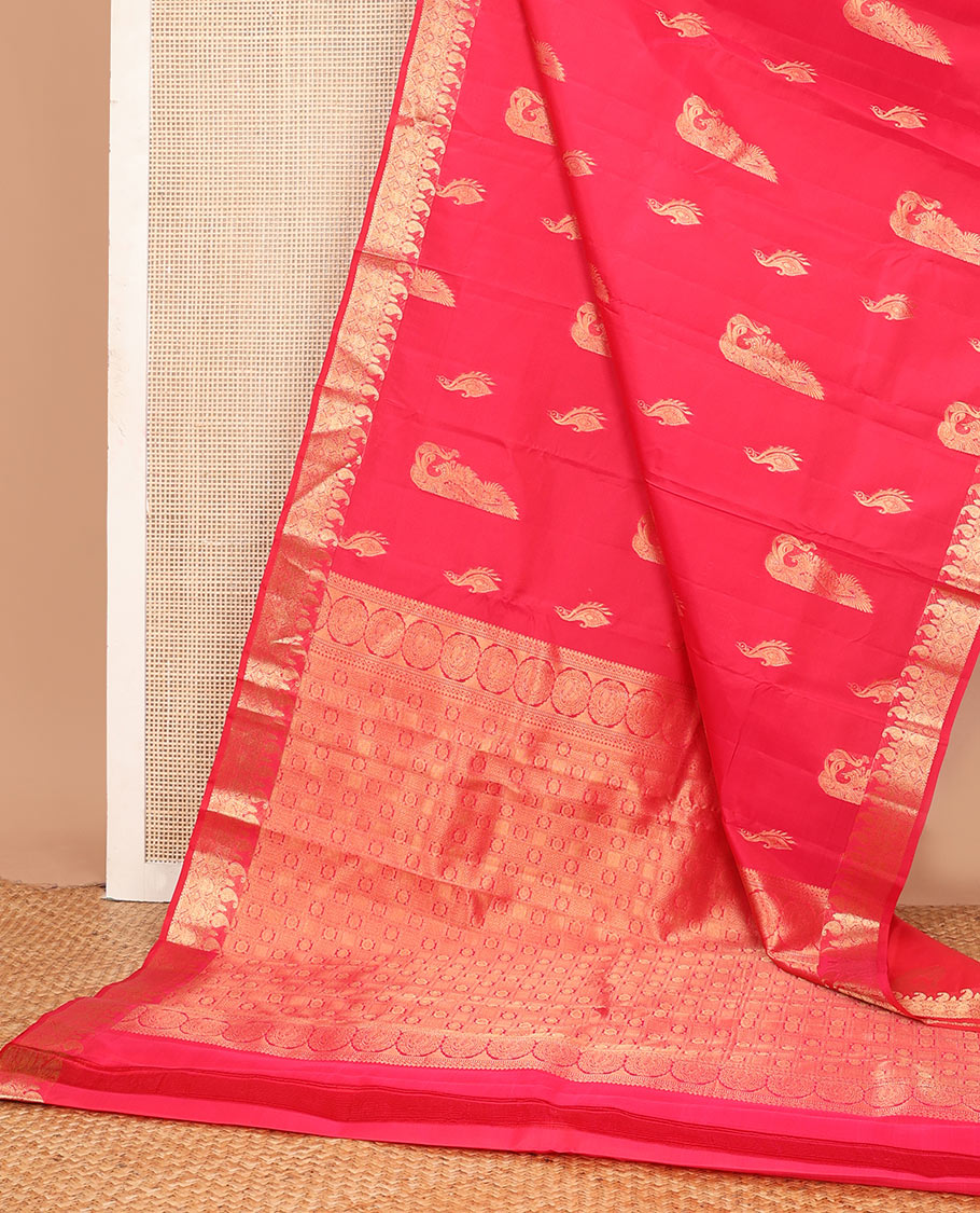 Dark pink zari buttas Vasundhara silk mix saree, zari border of manga mokku, diamond & scallop design & pallu of chakram designs