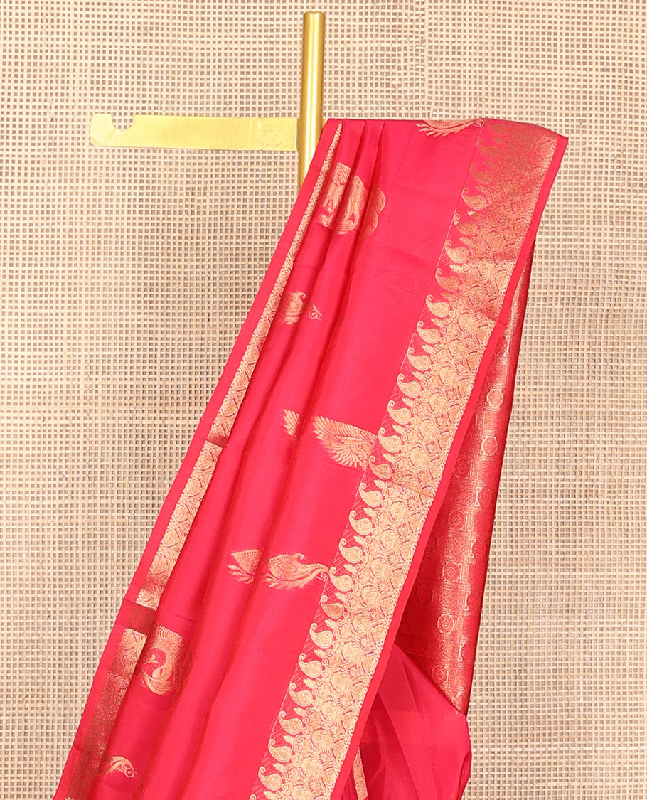Dark pink zari buttas Vasundhara silk mix saree, zari border of manga mokku, diamond & scallop design & pallu of chakram designs