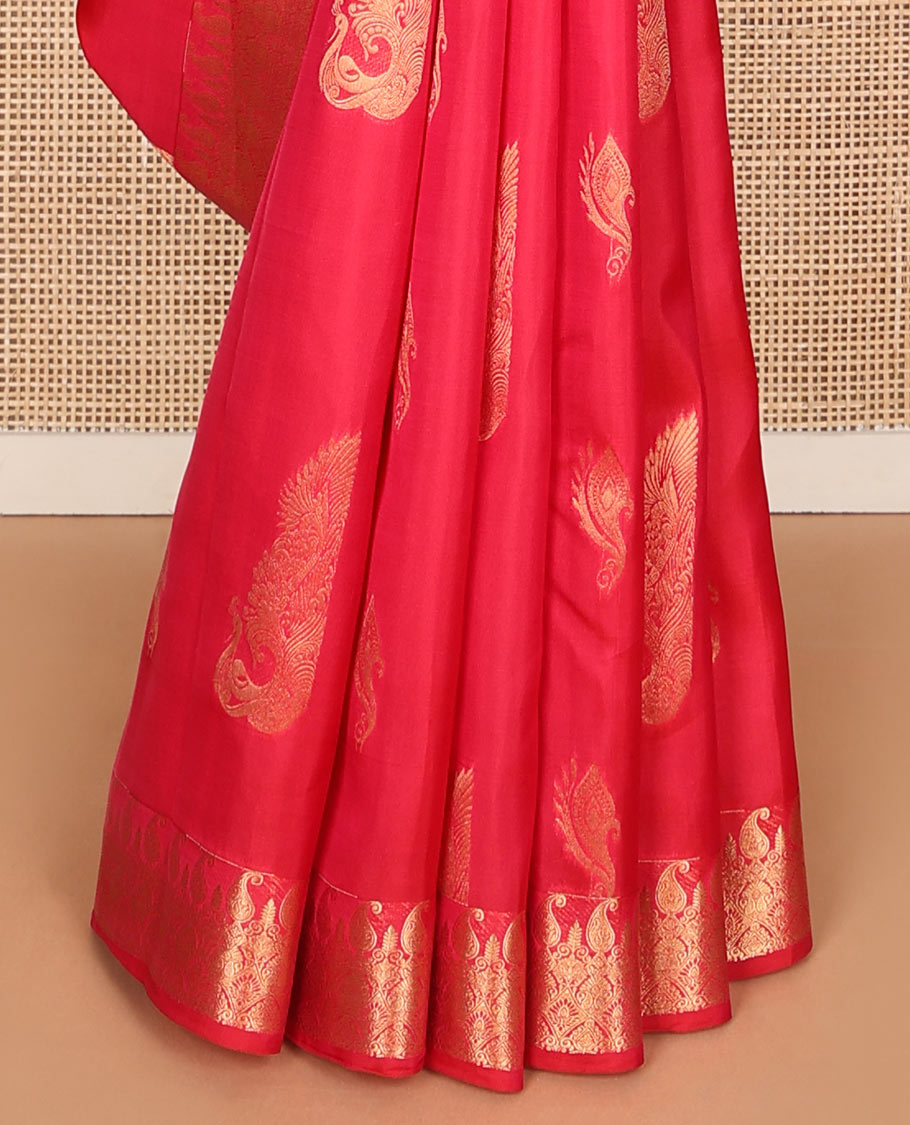 Dark pink zari buttas Vasundhara silk mix saree, zari border of manga mokku, diamond & scallop design & pallu of chakram designs