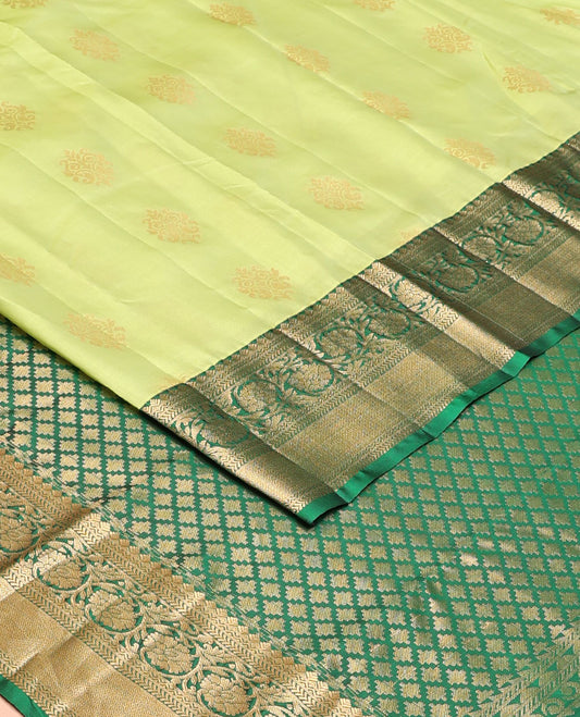 Green zari buttas vasundhara silk mix saree, contrast border of neli,kathir,kodi visiry & mayil kann & pallu of geometric patterns