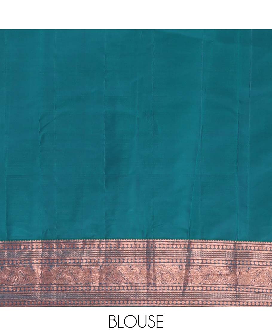 Red zari buttas Vasundhara silk mix saree, contrast border of thilakam mokku, banaras, poun, neli, and mayil design, and zari-rich jaal pallu