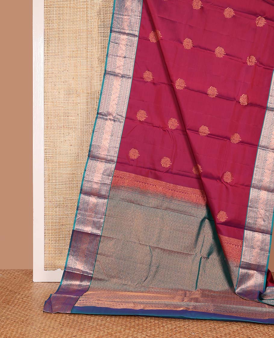 Red zari buttas Vasundhara silk mix saree, contrast border of thilakam mokku, banaras, poun, neli, and mayil design, and zari-rich jaal pallu