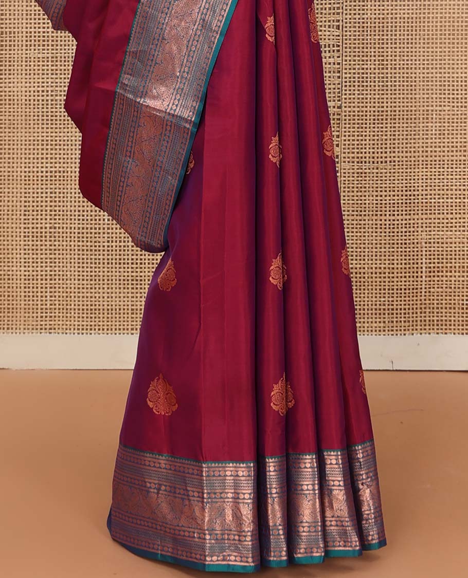 Red zari buttas Vasundhara silk mix saree, contrast border of thilakam mokku, banaras, poun, neli, and mayil design, and zari-rich jaal pallu