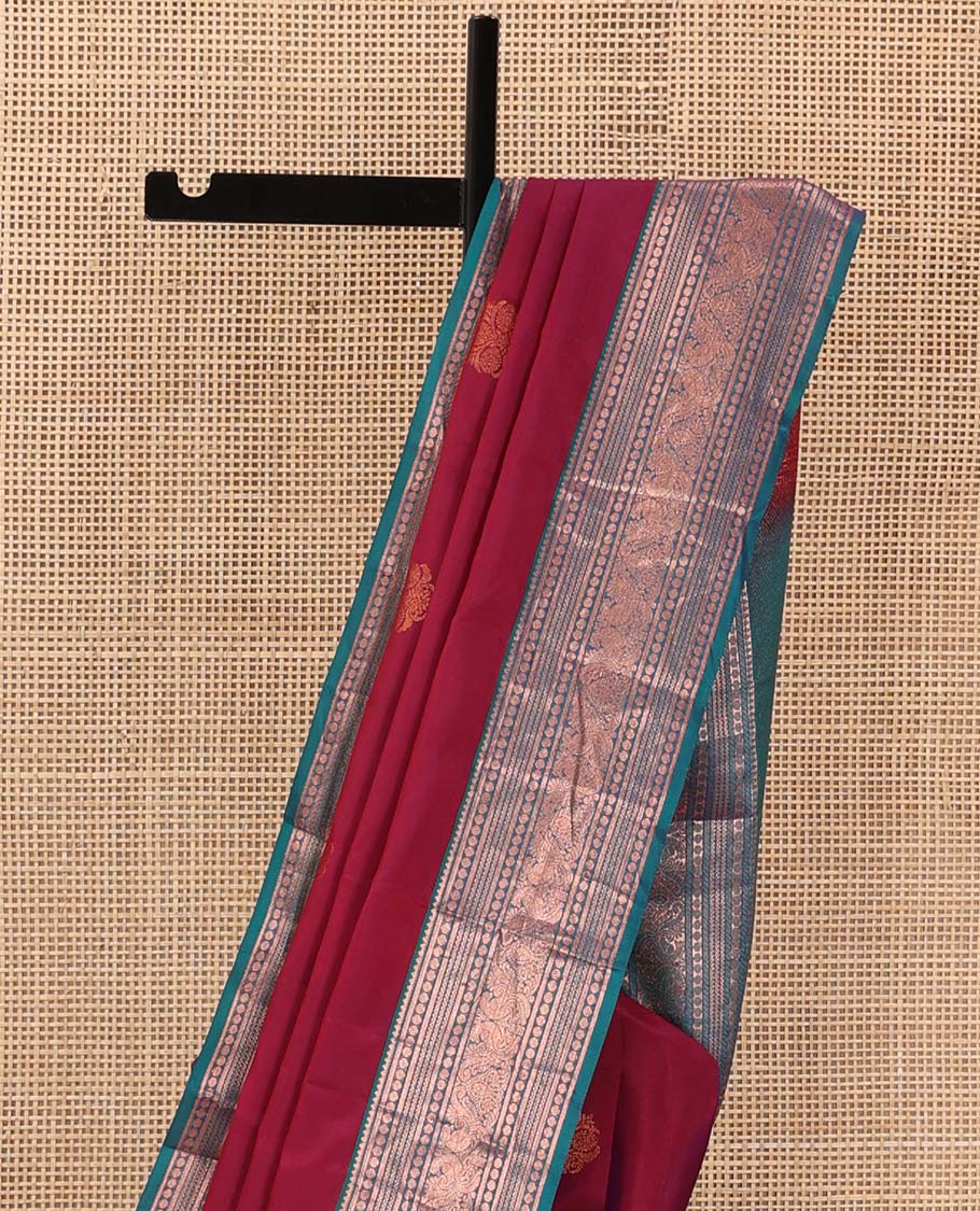Red zari buttas Vasundhara silk mix saree, contrast border of thilakam mokku, banaras, poun, neli, and mayil design, and zari-rich jaal pallu