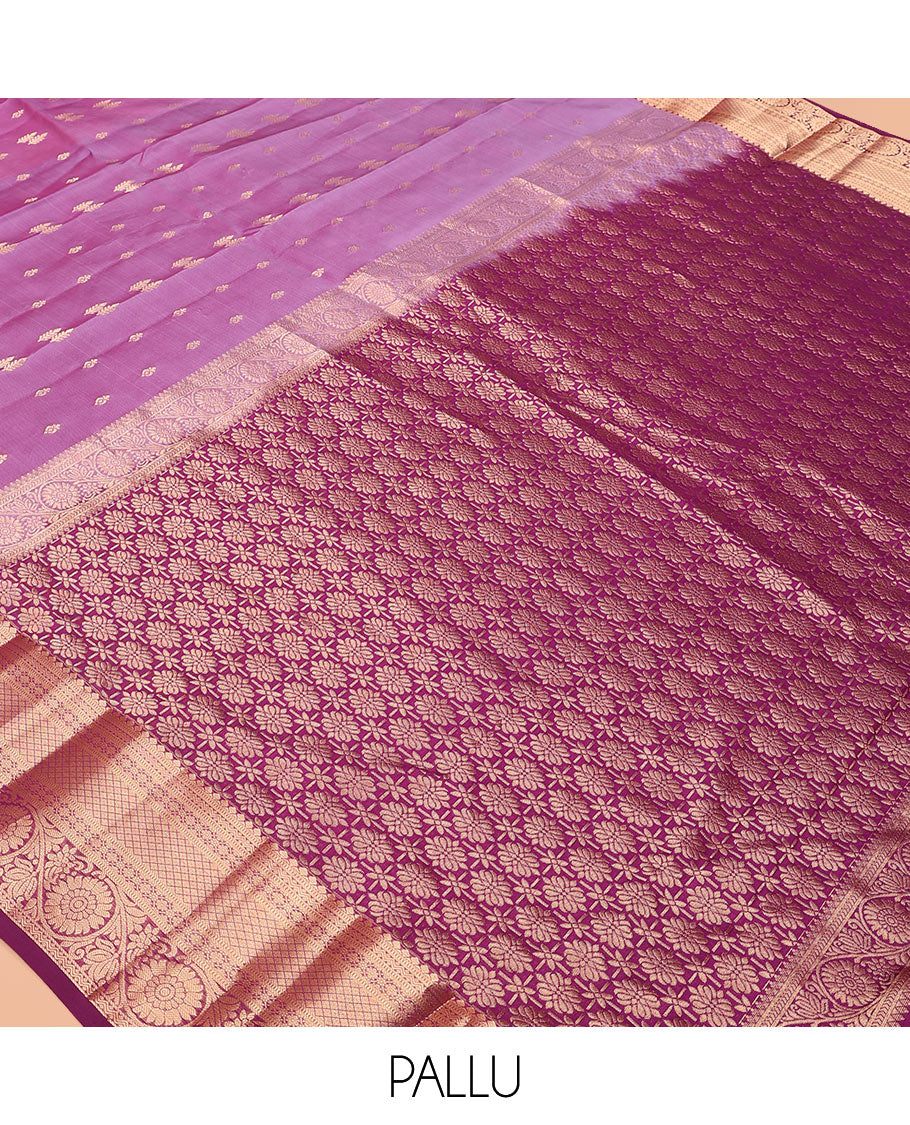 Pink Vasundhara Lite-Silk Mix Saree Embellished with Zari Buttas, Complemented with a Contrast Border Featuring Thilakam, Muthu, Neli, Jaal, Kamalam, and Kodi Visiry Designs, Elevated with Pallu of Intricate Designs, and a Contrast Blouse