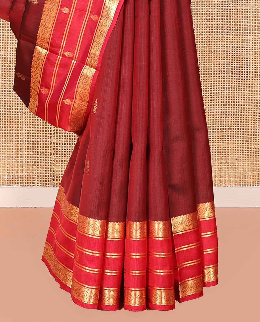 Maroon Vasundhara Lite Silk Mix Saree, Decked Up with Zari Buttas All Over Its Body, Complemented by a Contrast Border of Rekku, Muthu, and Diamond Designs, Grand Jaal-Design Pallu, and Paired with a Contrast Blouse