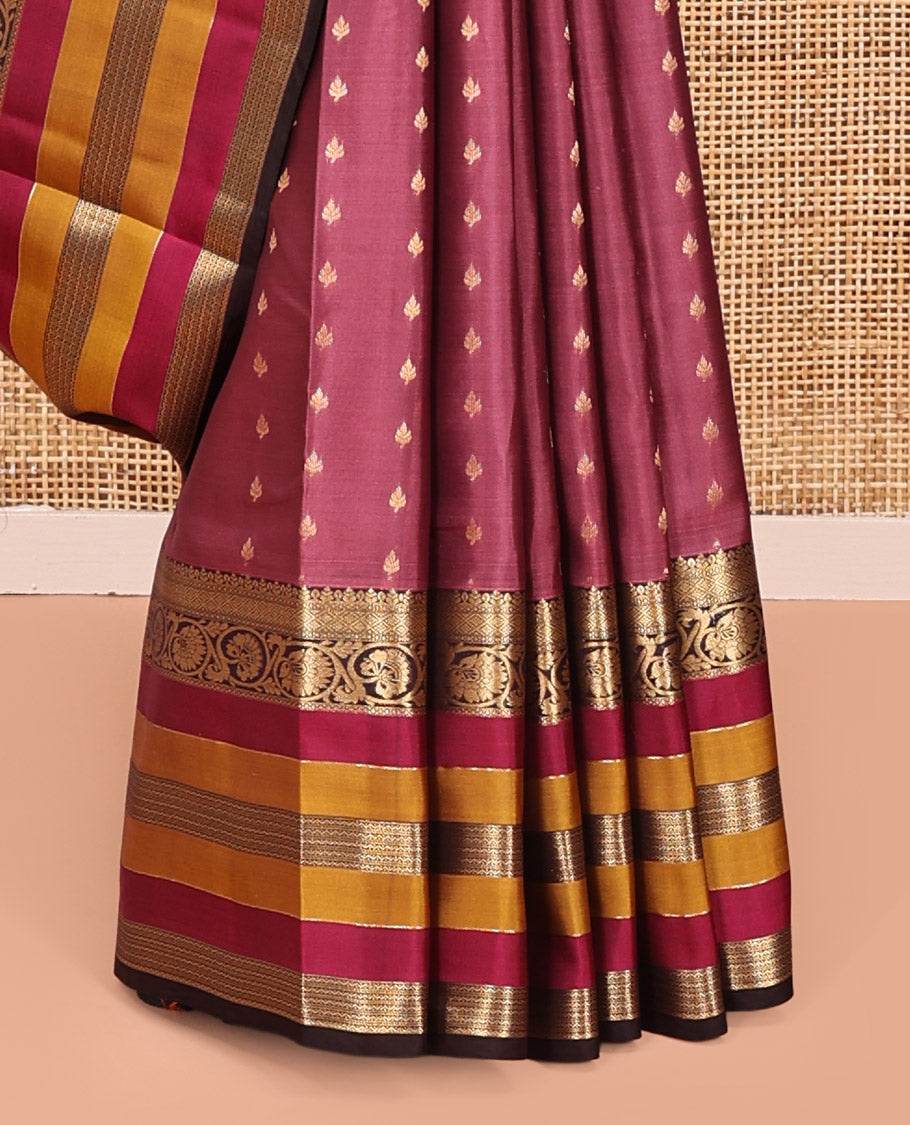 Brown Vasundhara Lite Silk Mix Saree, Adorned with Zari Buttas On Its Body, Complemented by Contrast Border of Kodi Visiry, Diamond and Neli Designs, Ogee Patterned Pallu and Paired with a Contrast Blouse