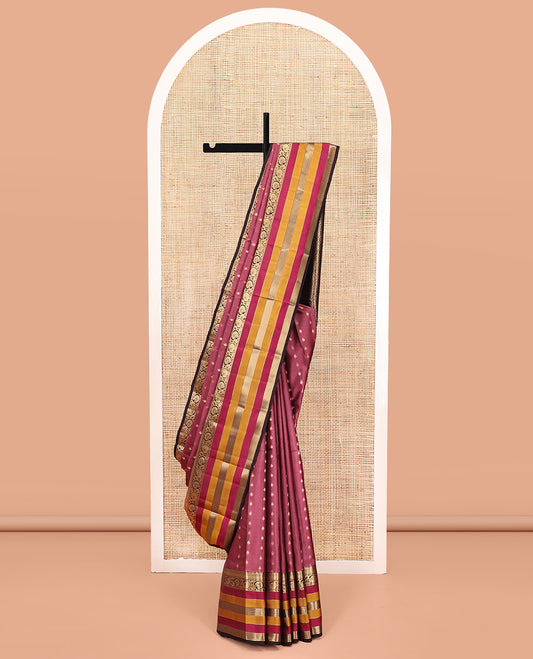 Brown Vasundhara Lite Silk Mix Saree, Adorned with Zari Buttas On Its Body, Complemented by Contrast Border of Kodi Visiry, Diamond and Neli Designs, Ogee Patterned Pallu and Paired with a Contrast Blouse