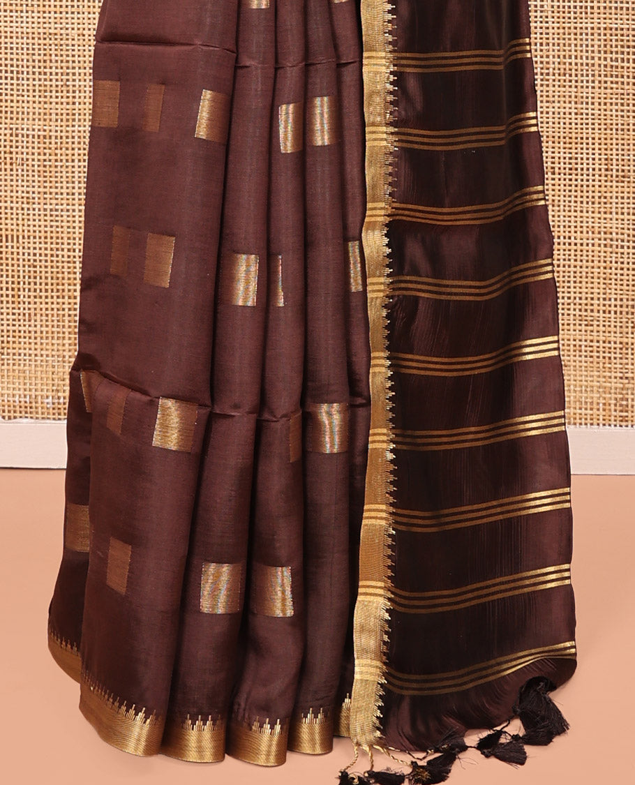 Brown Banana Pith Saree, Detailed with Square Buttas on Its Body, Subtly Temple Border, Pallu Steeped with Stripes, and Paired with a Matching Blouse