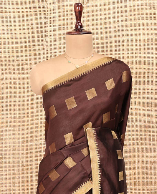 Brown Banana Pith Saree, Detailed with Square Buttas on Its Body, Subtly Temple Border, Pallu Steeped with Stripes, and Paired with a Matching Blouse