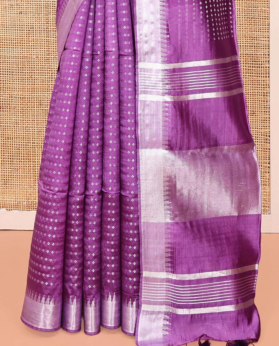 Purple Banana Pith Saree, Elevated with Buttas All Over Its Body, Highlighted by Temple Zari Border, Pallu of Gleaming Zari Stripes, and Paired with a Matching Blouse