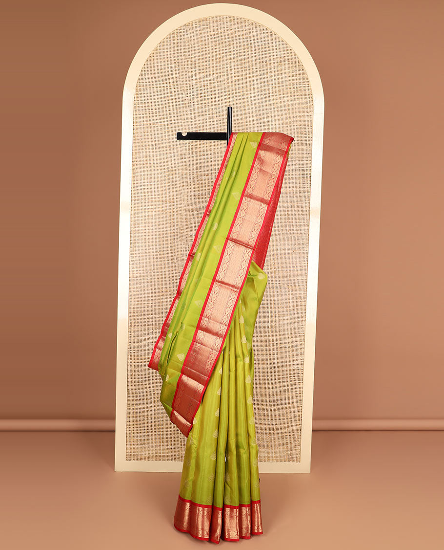 Green leaf buttas silk saree with contrast border of banaras, kathir, paun design & geometric design pallu