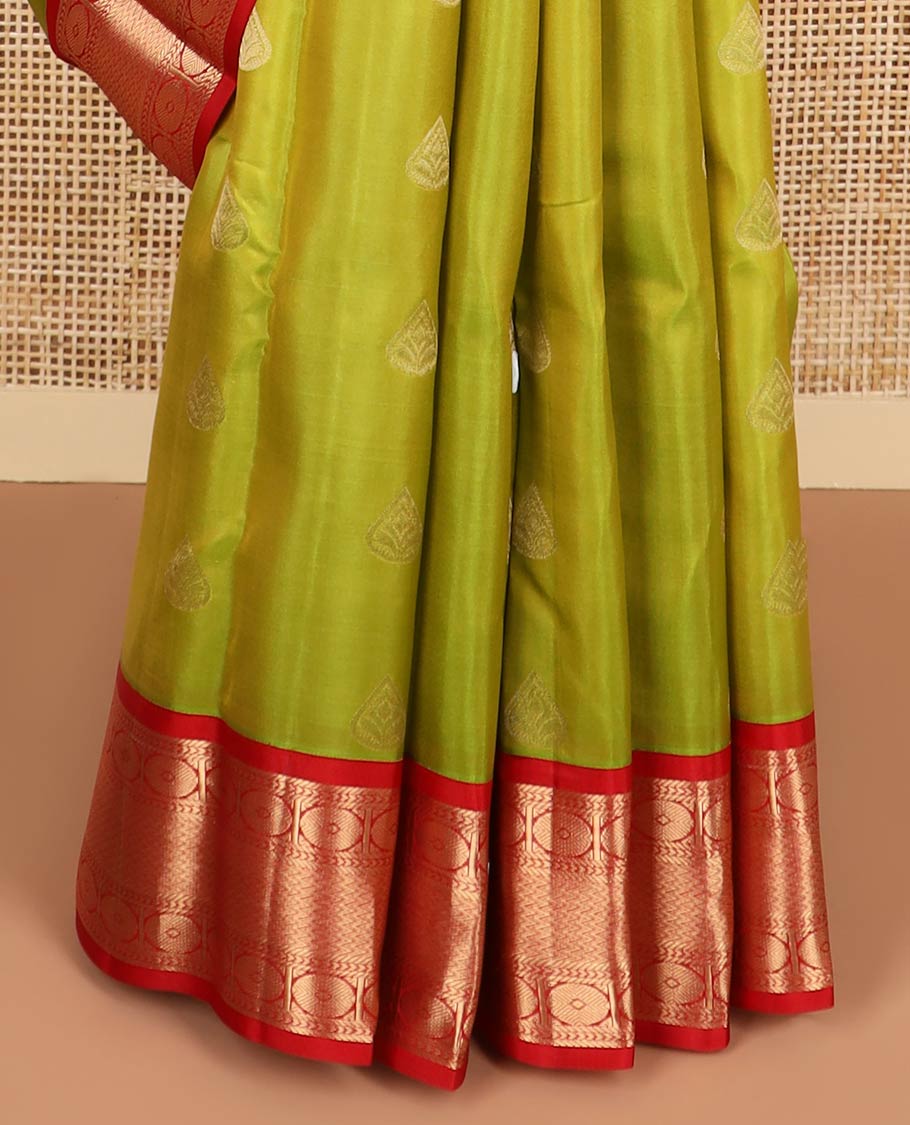 Green leaf buttas silk saree with contrast border of banaras, kathir, paun design & geometric design pallu