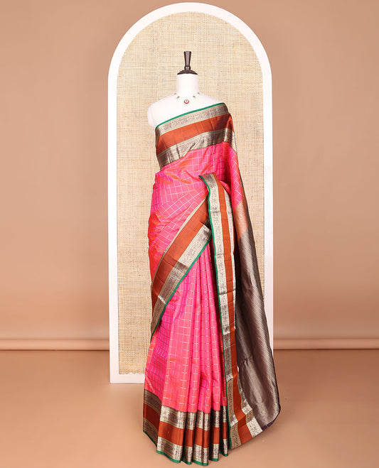 Red checked silk saree with contrast rettai pettu zari design border & floral jaal pallu
