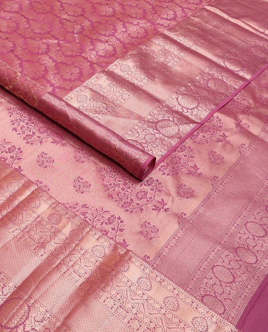 Onion pink jacquard wedding silk saree, zari border of manga,muthu,jaal & kodi visiry & floral design pallu
