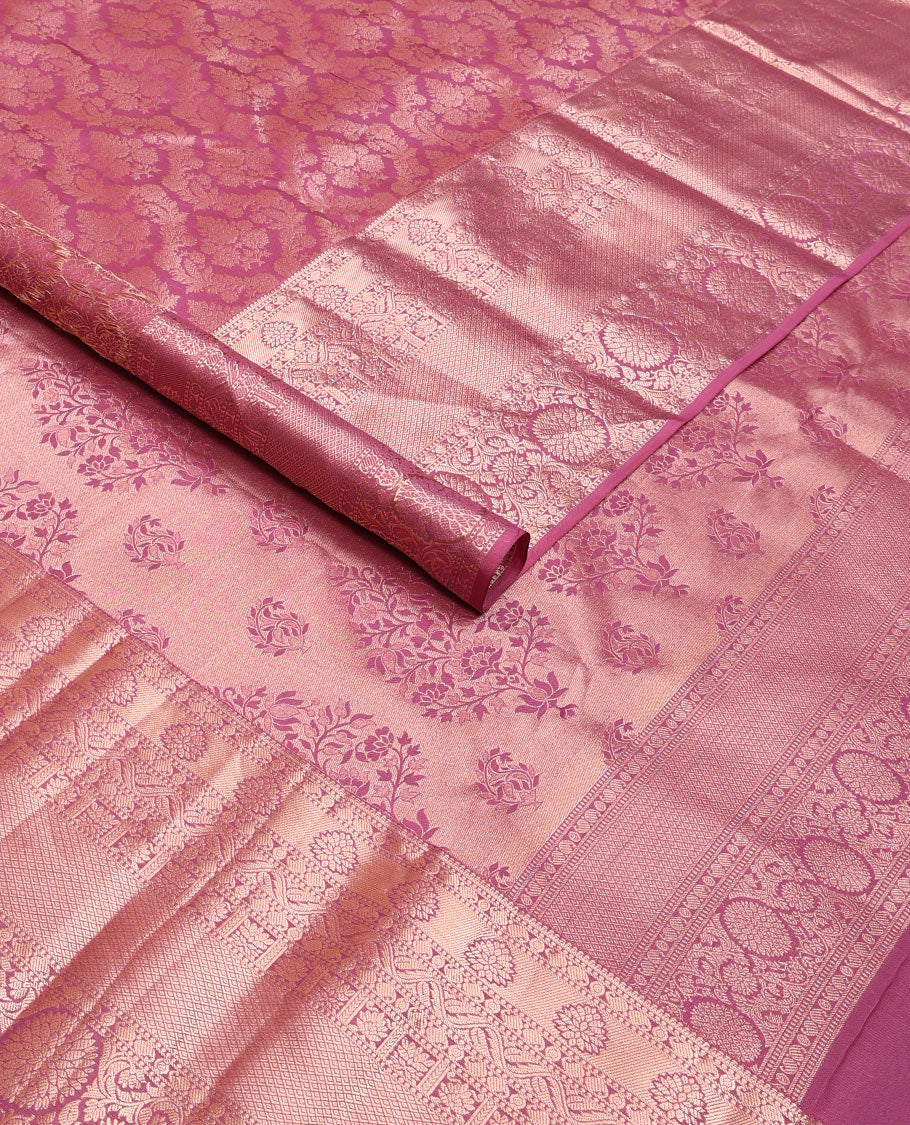 Onion pink jacquard wedding silk saree, zari border of manga,muthu,jaal & kodi visiry & floral design pallu