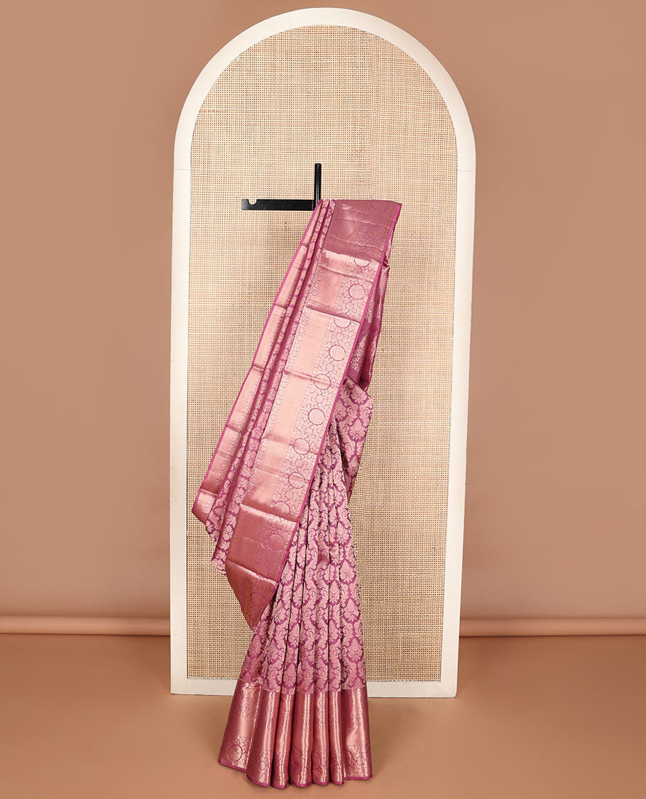 Onion pink jacquard wedding silk saree, zari border of manga,muthu,jaal & kodi visiry & floral design pallu