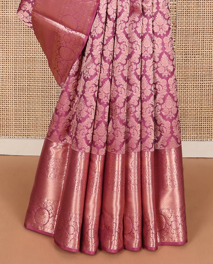 Onion pink jacquard wedding silk saree, zari border of manga,muthu,jaal & kodi visiry & floral design pallu