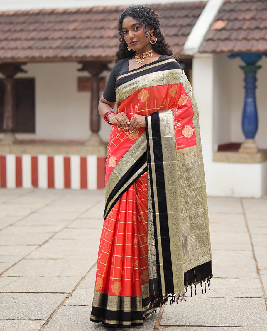 Reddish Orange Budget Silk Saree, Adorned with Jhumka Butta Enclosed Checks, Contrast Traditional Zari Rettai Pettu Border, Grand Pallu, and a Contrast Blouse