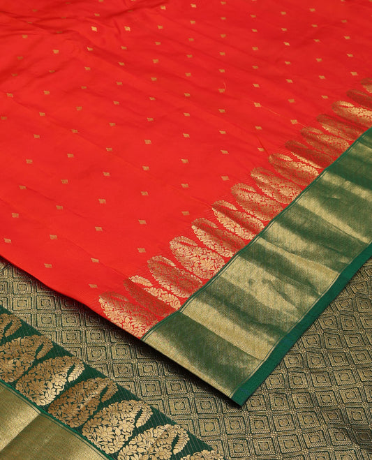 Red zari buttas Bangalore silk saree, contrast zari border of paisleys, and jaal pallu