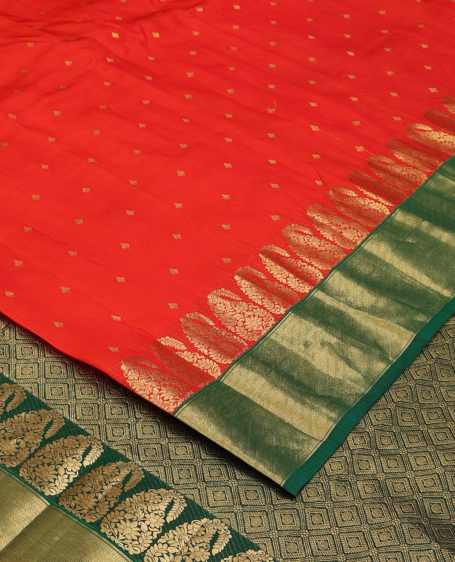 Red zari buttas Bangalore silk saree, contrast zari border of paisleys, and jaal pallu