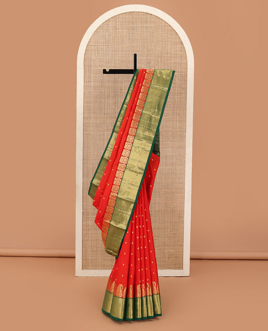Red zari buttas Bangalore silk saree, contrast zari border of paisleys, and jaal pallu