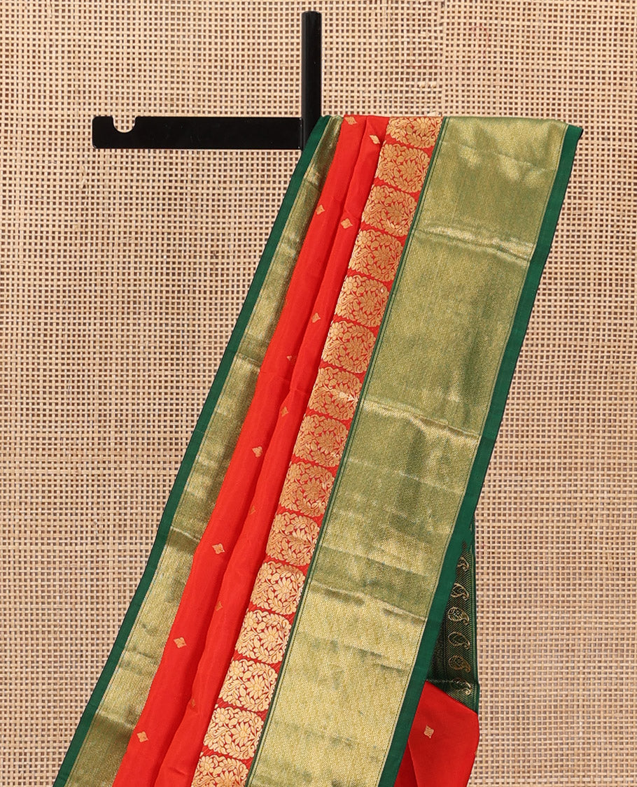 Red zari buttas Bangalore silk saree, contrast zari border of paisleys, and jaal pallu