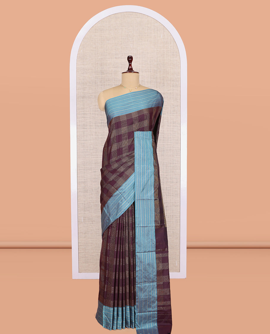 Brown Arani Saree, Crafted with Zari Checks, a Contrast Zari Striped Border, Pallu of Zari Design, and a Matching Blouse
