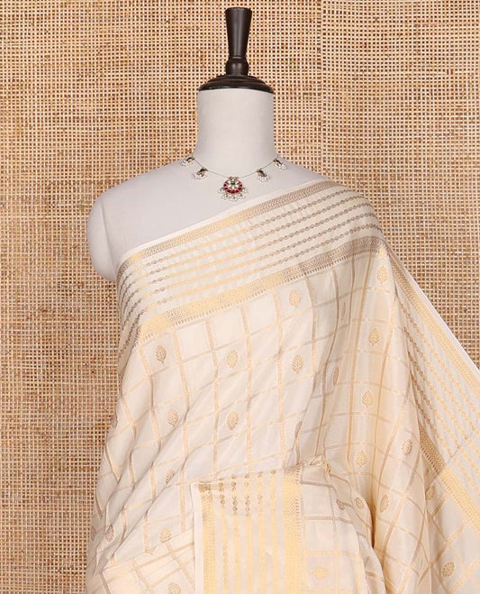 Cream checked, leaf motifs mysore silk saree with self zari design border & floral design pallu