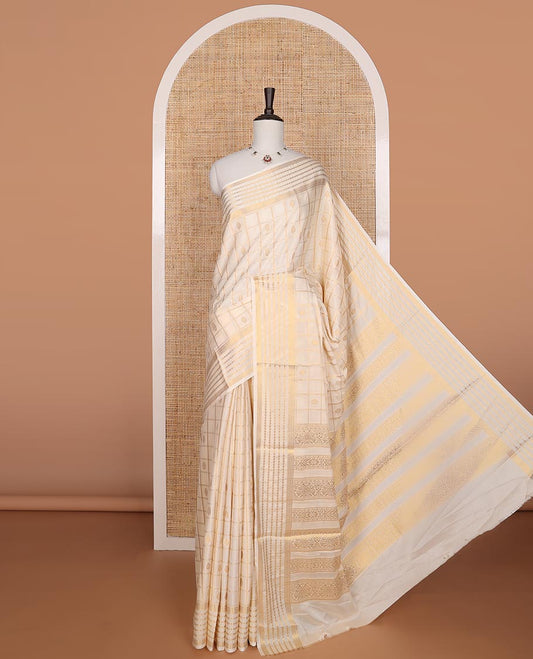 Cream checked, leaf motifs mysore silk saree with self zari design border & floral design pallu
