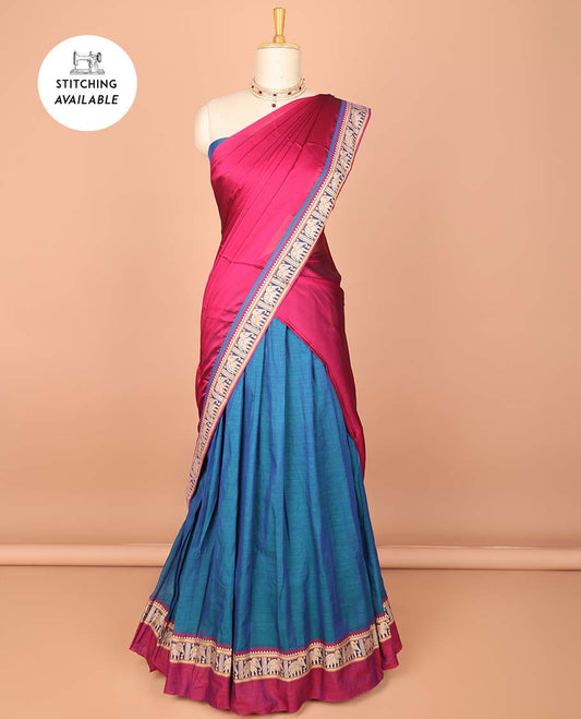 Blue cotton half saree contrast elephant border , zari design blouse & plain, elephant design border dhavani