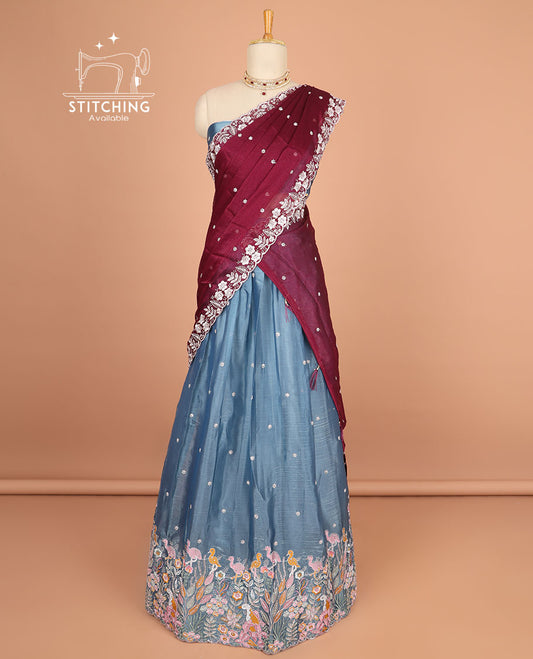 Blue floral motifs thread embroidery half saree with self floral embroidery border , floral motifs blouse & floral embroidery scallop border dhavani