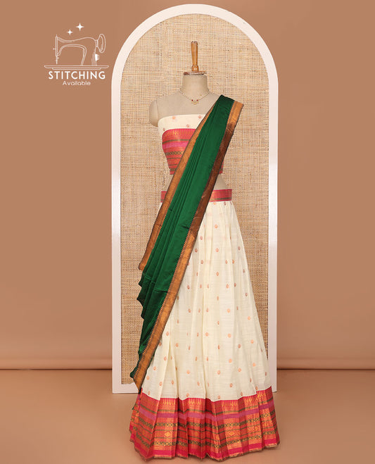 White lehenga set, zari buttas with contrast traditional zari border skirt, matching blouse and contrast zari border dhavani
