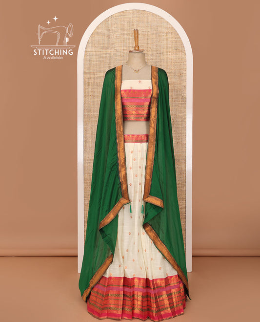 White lehenga set, zari buttas with contrast traditional zari border skirt, matching blouse and contrast zari border dhavani