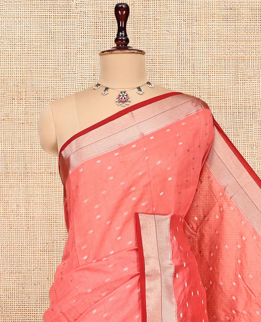Pink Assam Silk Saree, Steeped in Richness of Zari Buttas, Complemented by a Contrast Traditional Zari Border, Zari-Striped Pallu, and a Contrast Blouse