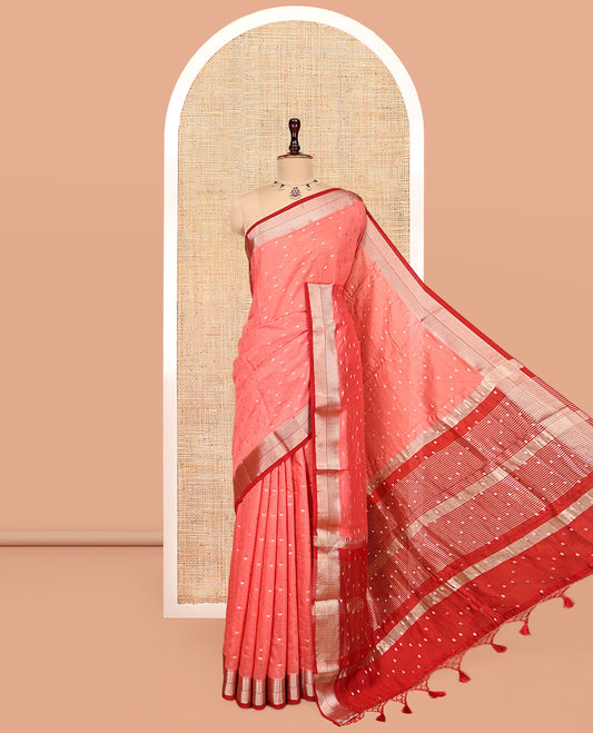 Pink Assam Silk Saree, Steeped in Richness of Zari Buttas, Complemented by a Contrast Traditional Zari Border, Zari-Striped Pallu, and a Contrast Blouse